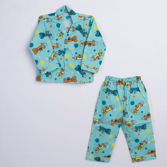 MULTICOLORED ROCKET PRINTED COTTON NIGHTSUIT