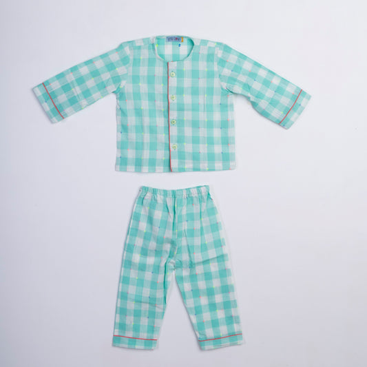 SEAGREEN CHECKS PRINTED COTTON NIGHTSUIT