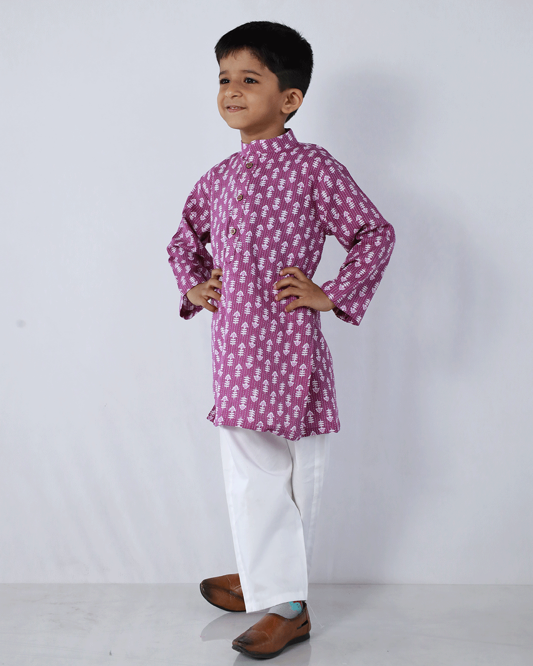 PURPLE FLORAL PRINT KURTA WITH COTTON WHITE PANTS