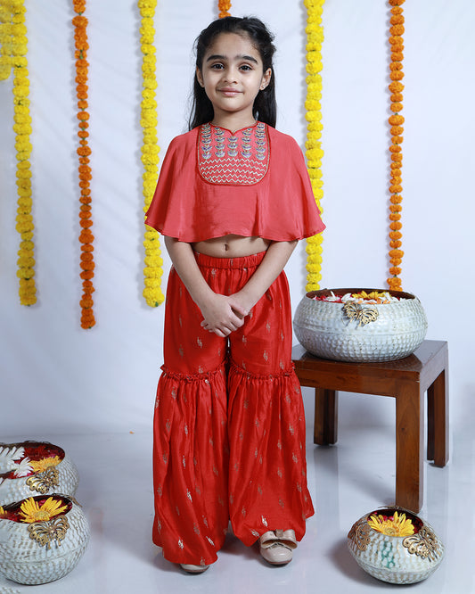 RED CAPE TOP AND SHARARA SET