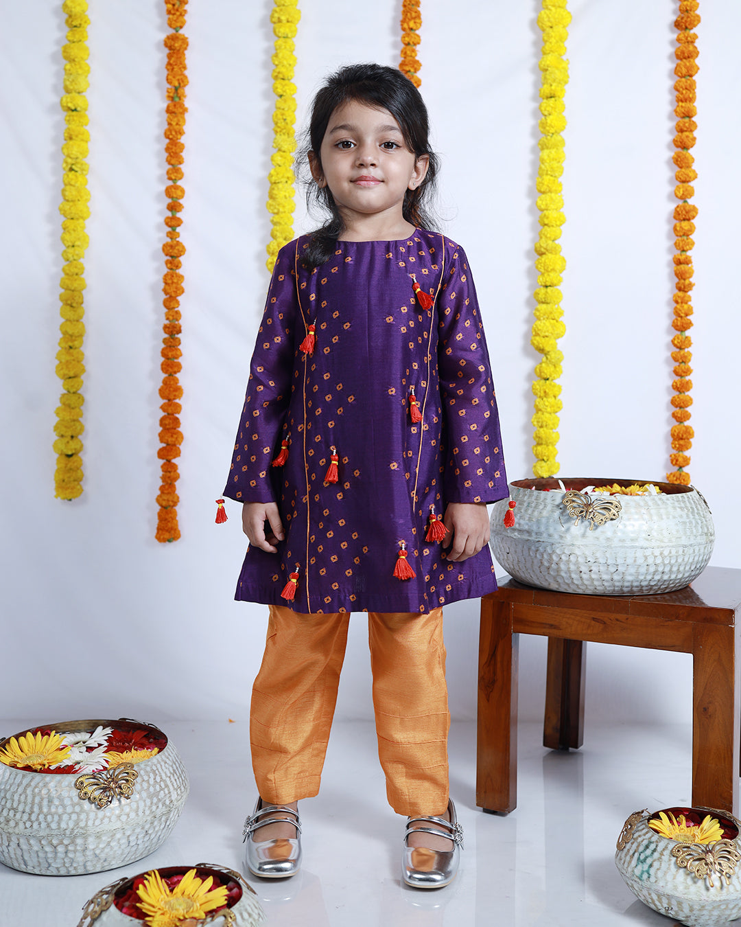 A-LINE PURPLE BANDHANI KURTA SET