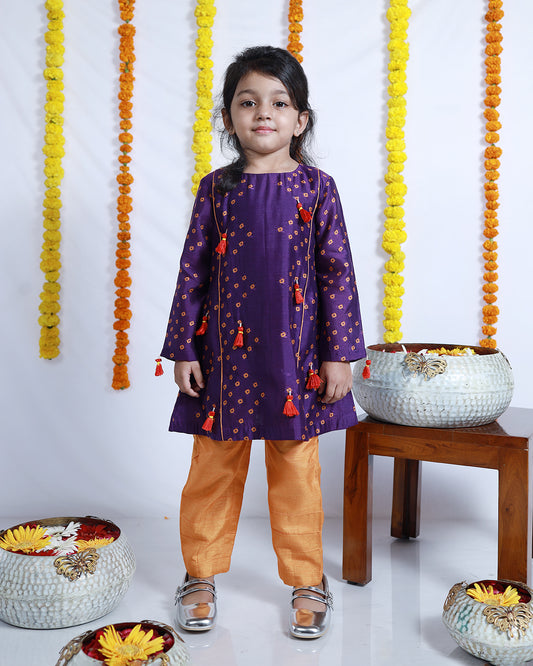 A-LINE PURPLE BANDHANI KURTA SET