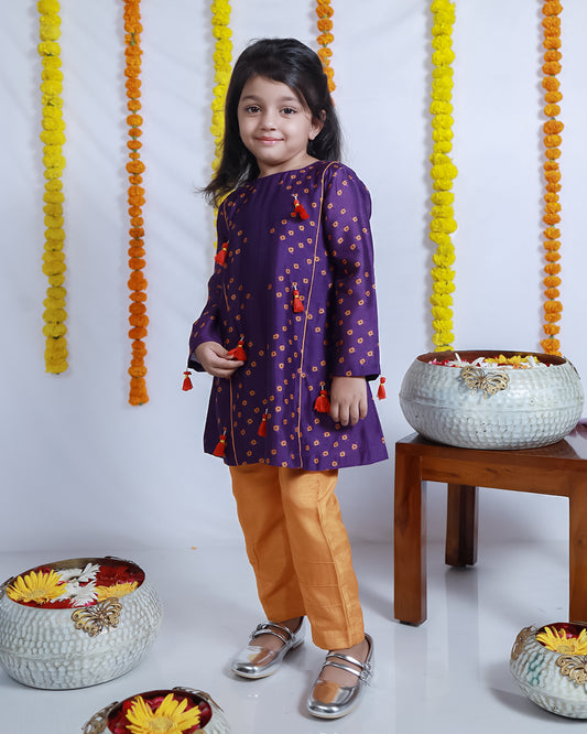 A-LINE PURPLE BANDHANI KURTA SET