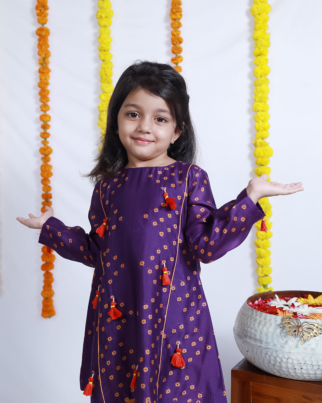 A-LINE PURPLE BANDHANI KURTA SET