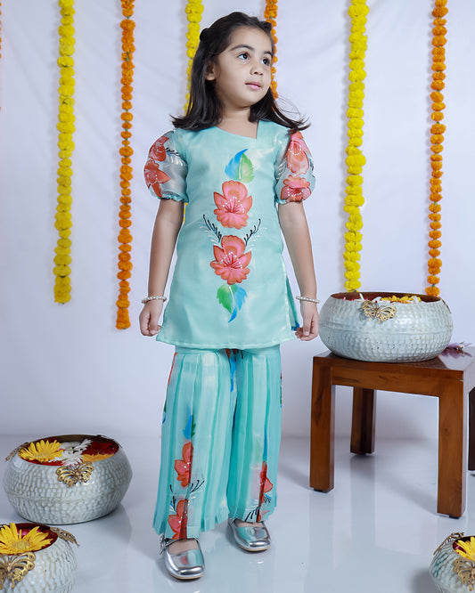 BLUE HAND-PAINTED KURTA SHARARA SET