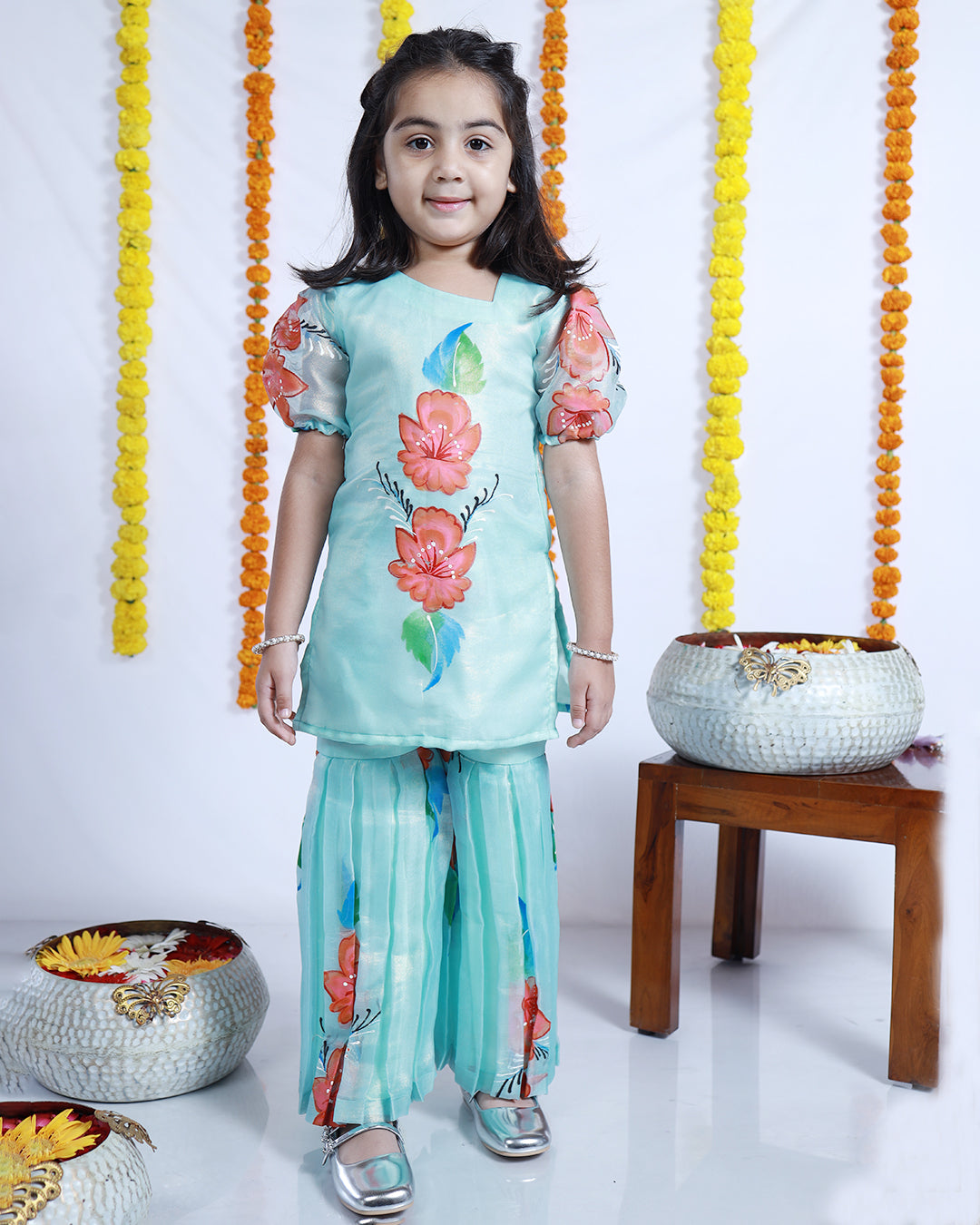 BLUE HAND-PAINTED KURTA SHARARA SET