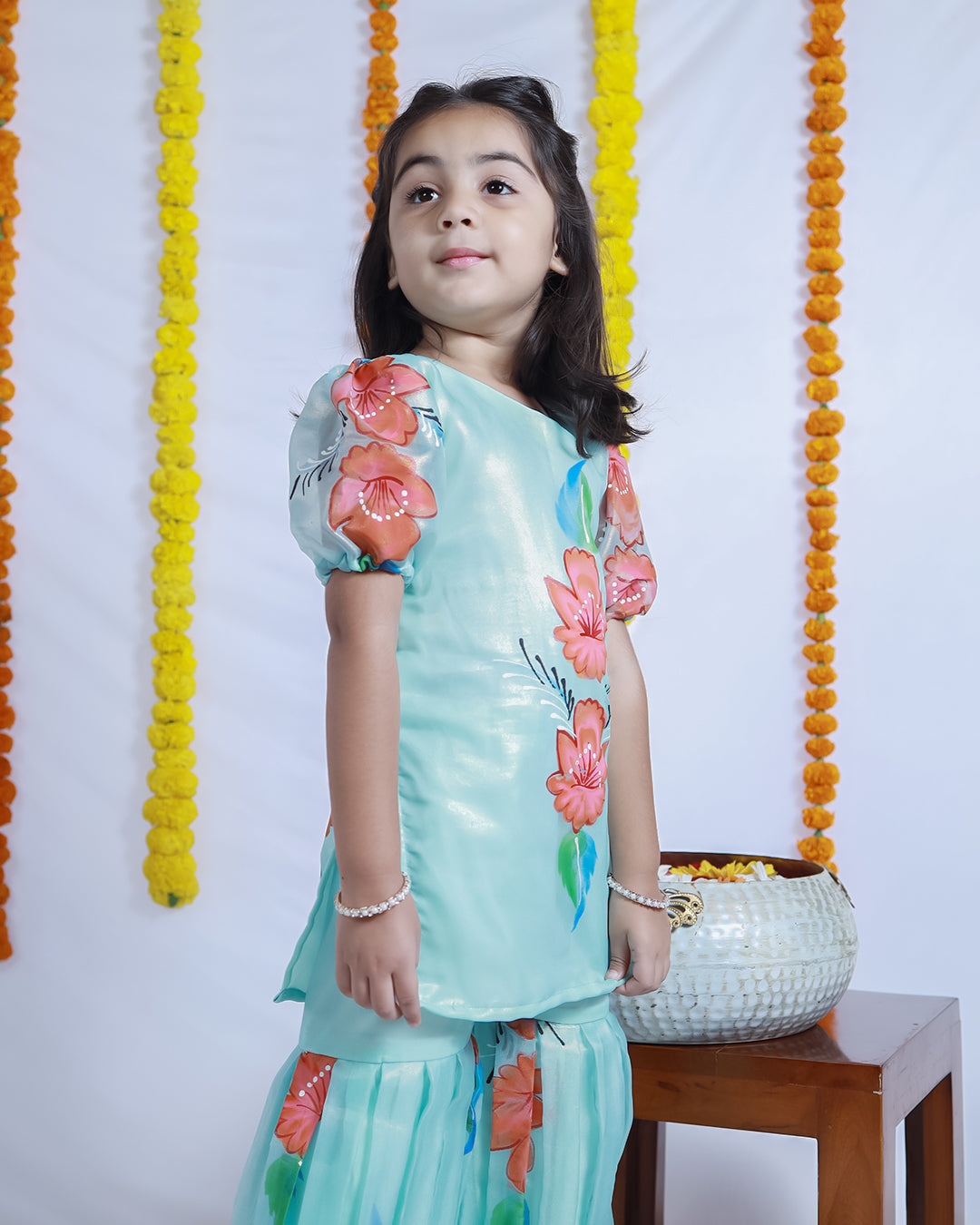 BLUE HAND-PAINTED KURTA SHARARA SET