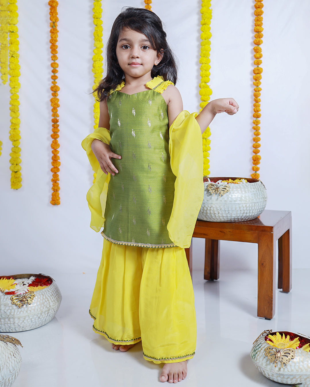 MEHENDI GREEN AND YELLOW KURTA SHARARA SET