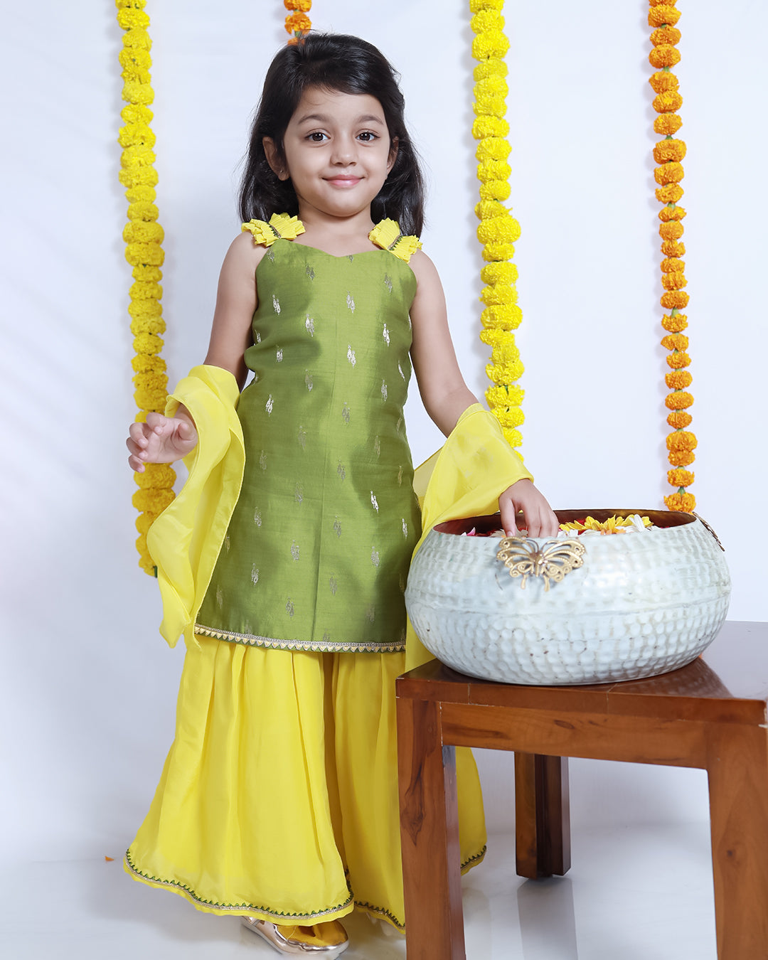 MEHENDI GREEN AND YELLOW KURTA SHARARA SET