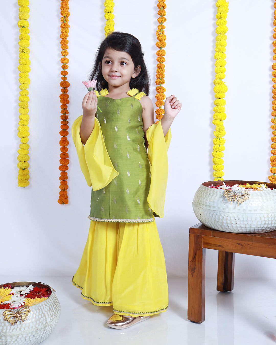 MEHENDI GREEN AND YELLOW KURTA SHARARA SET