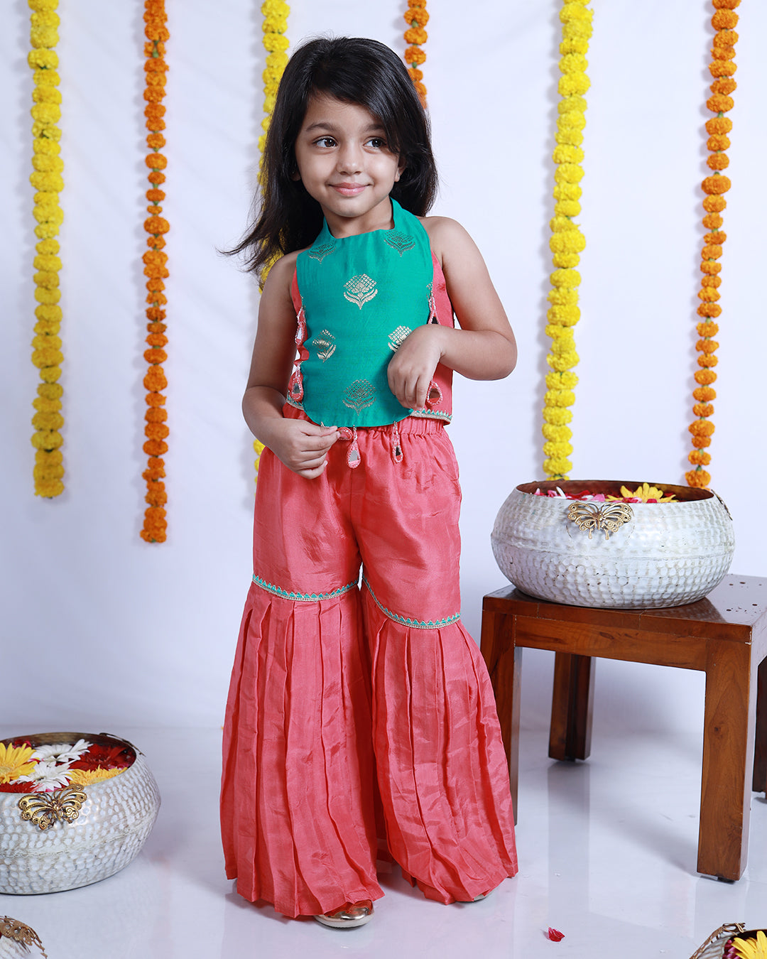 RAMA AND PEACH SILK TOP AND SHARARA SET