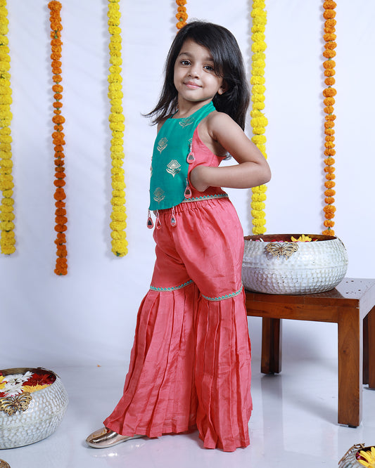 RAMA AND PEACH SILK TOP AND SHARARA SET