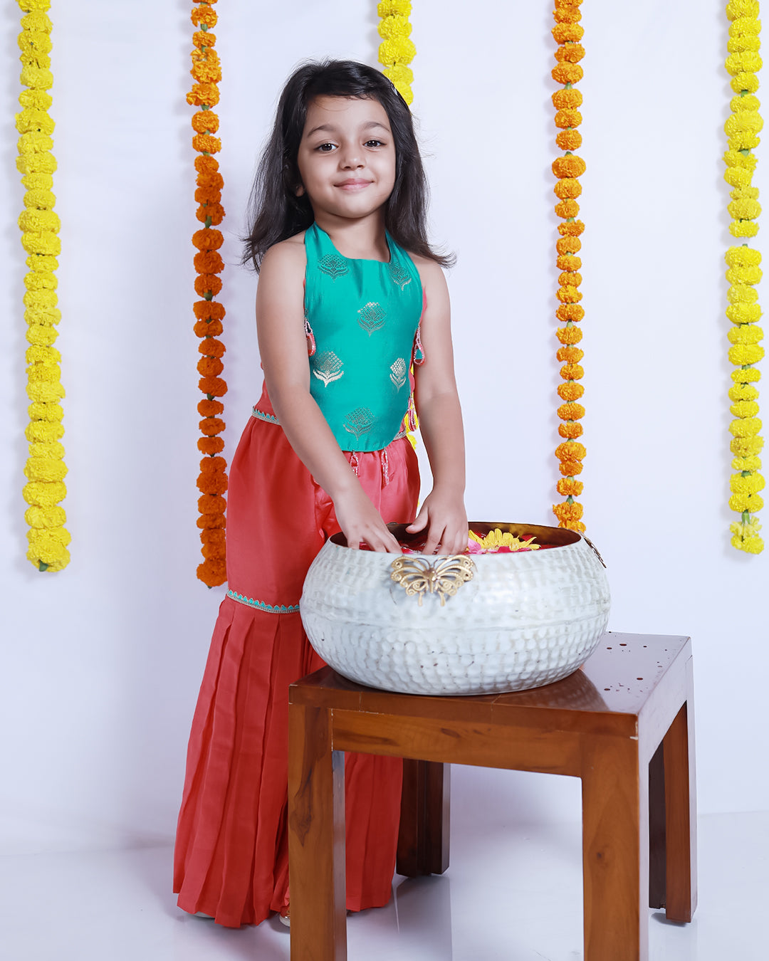 RAMA AND PEACH SILK TOP AND SHARARA SET