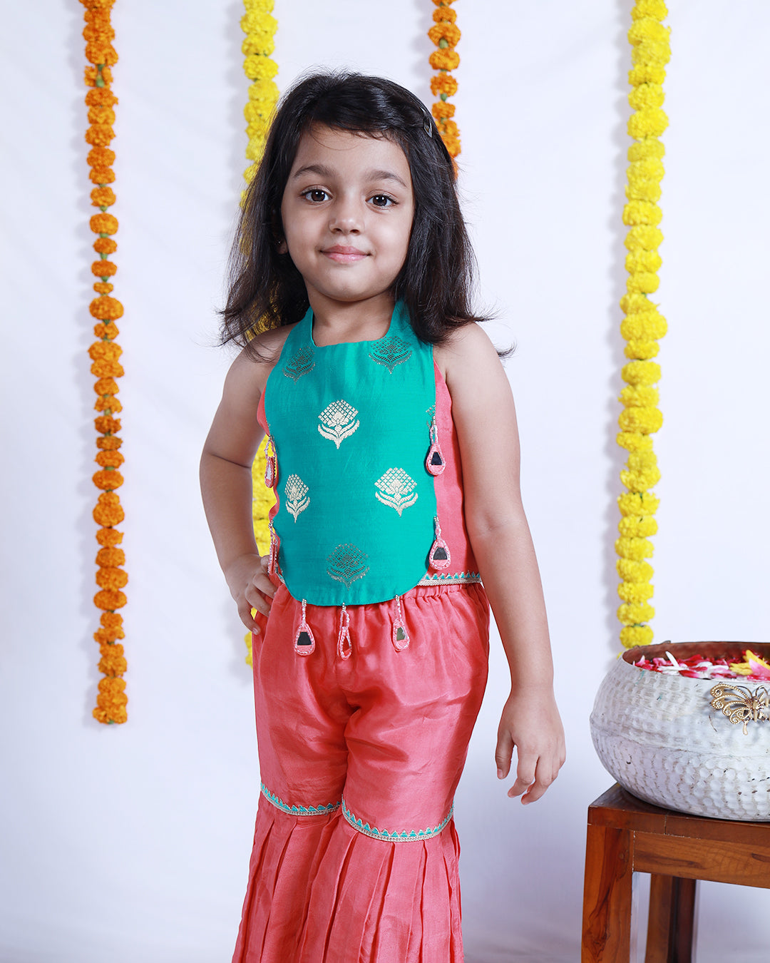RAMA AND PEACH SILK TOP AND SHARARA SET