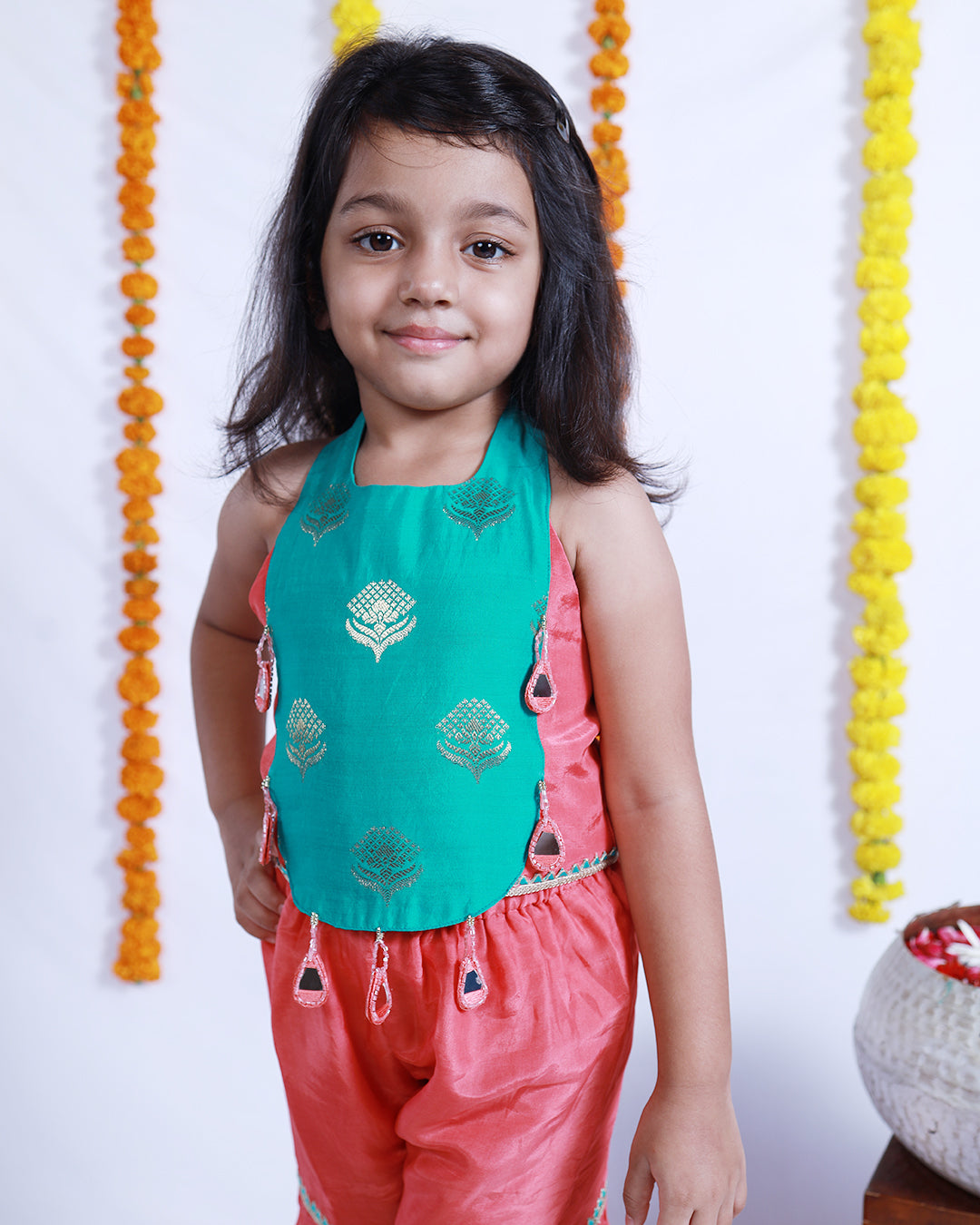 RAMA AND PEACH SILK TOP AND SHARARA SET