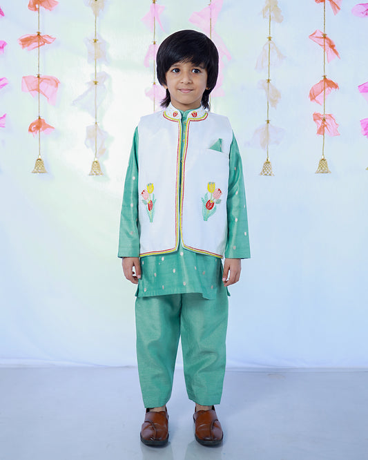 DUSTY GREEN KURTA PAYJAMA WITH WHITE EMBROIDERED JACKET