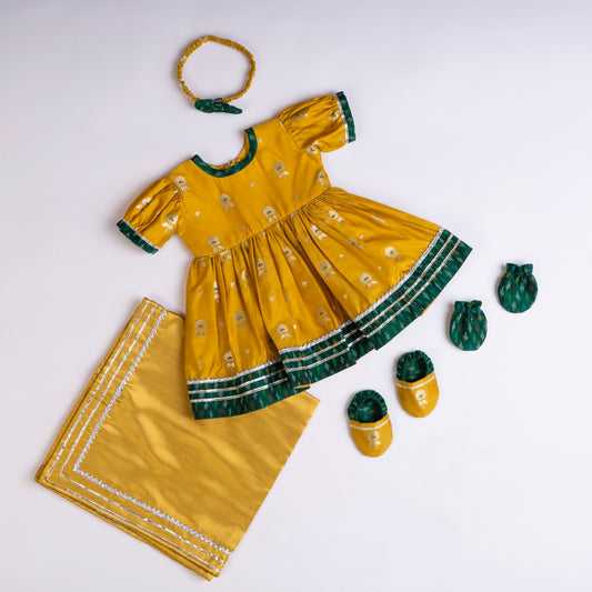 MUSTARD AND GREEN SILK FROCK