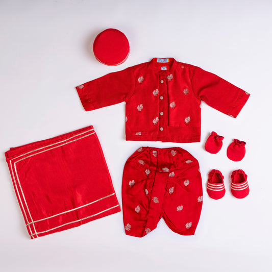 RED ASYMMETRIC KURTA DHOTI SET