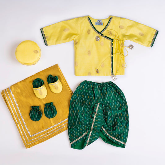 YELLOW AND GREEN IKAT DHOTI KURTA SET