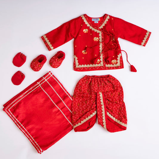 RED ELEPHANT EMBROIDERED DHOTI KURTA SET
