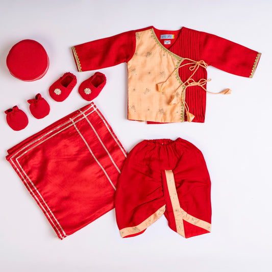 PEACH AND RED DHOTI KURTA SET