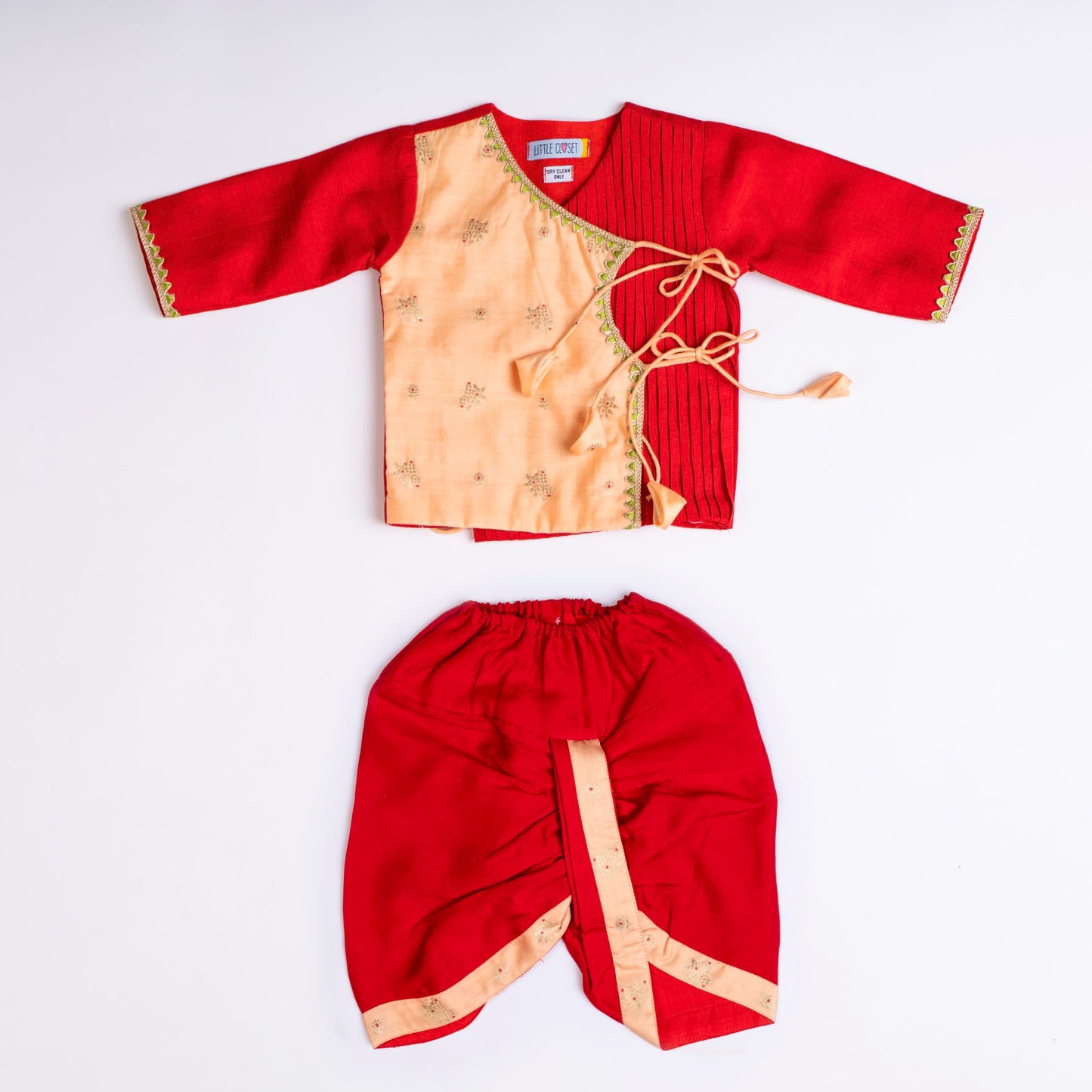 PEACH AND RED DHOTI KURTA SET