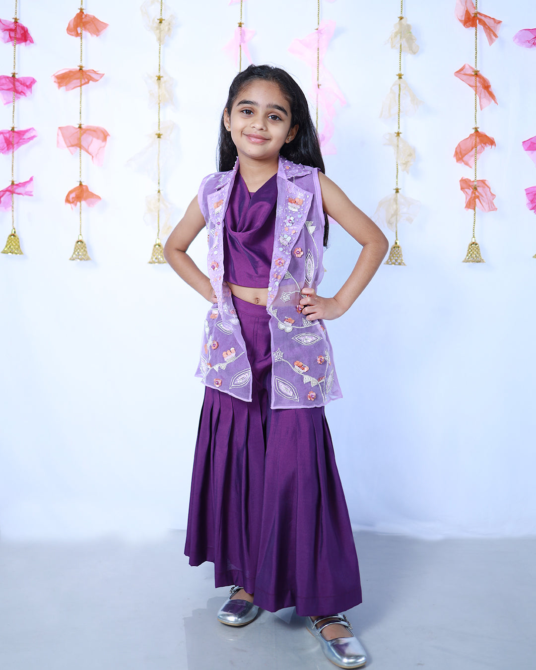 PURPLE COWL NECK CROPTOP AND SHARARA WITH LILAC ORGANZA JACKET