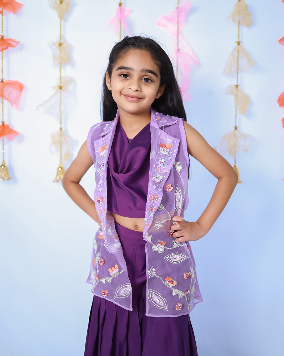 PURPLE COWL NECK CROPTOP AND SHARARA WITH LILAC ORGANZA JACKET