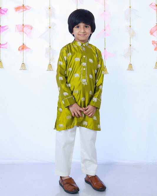 MEHENDI GREEN ELEPHANT SILK KURTA SET