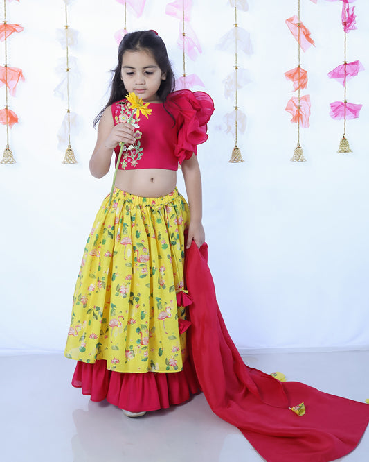 PINK RUFFLED BLOUSE WITH YELLOW ANIMAL PRINT LEHENGA SET