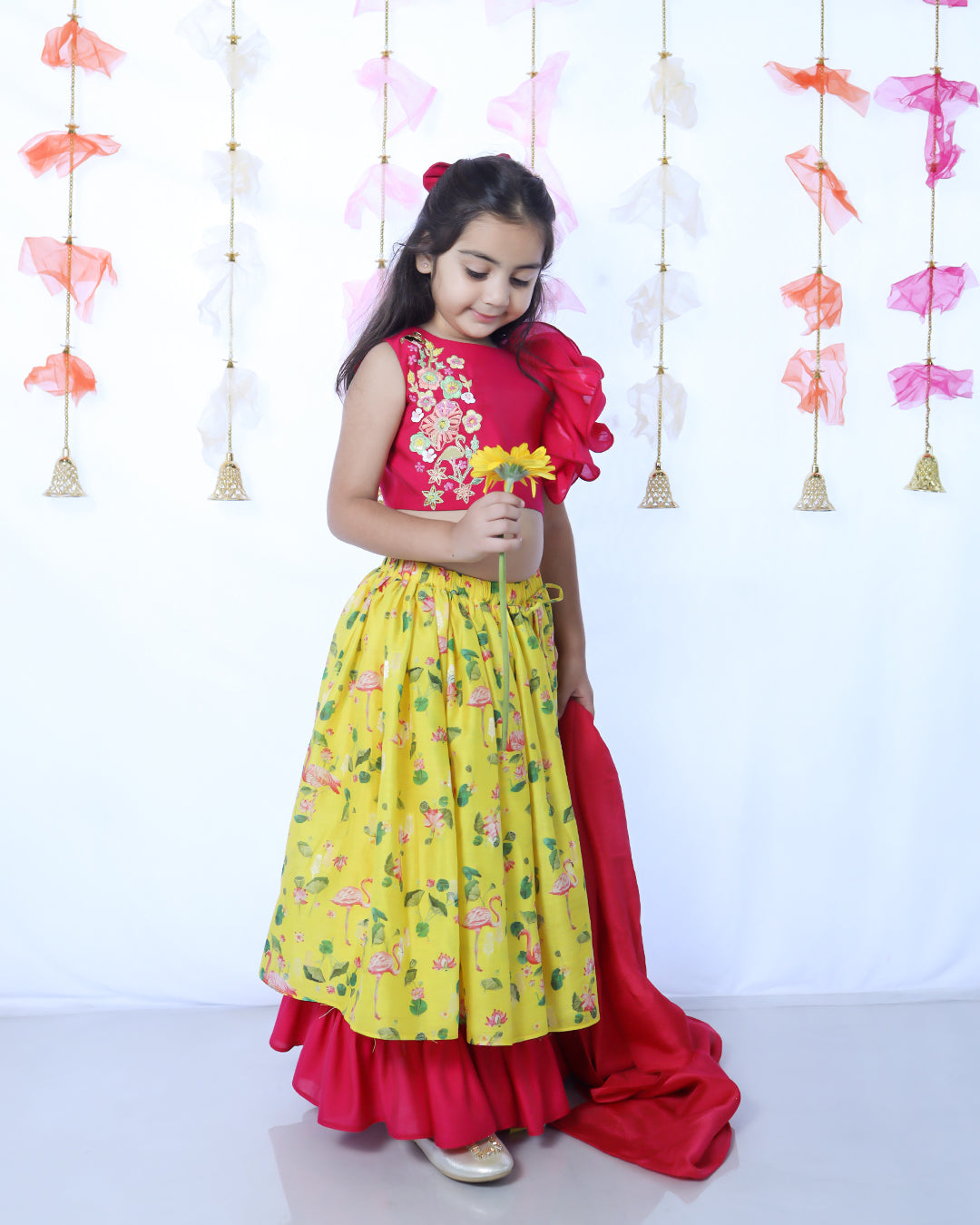 PINK RUFFLED BLOUSE WITH YELLOW ANIMAL PRINT LEHENGA SET