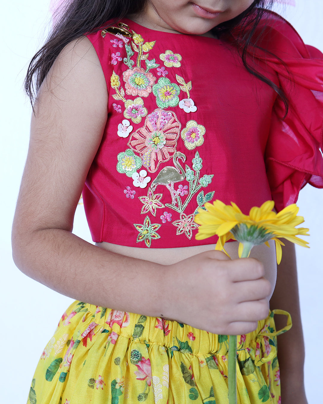 PINK RUFFLED BLOUSE WITH YELLOW ANIMAL PRINT LEHENGA SET