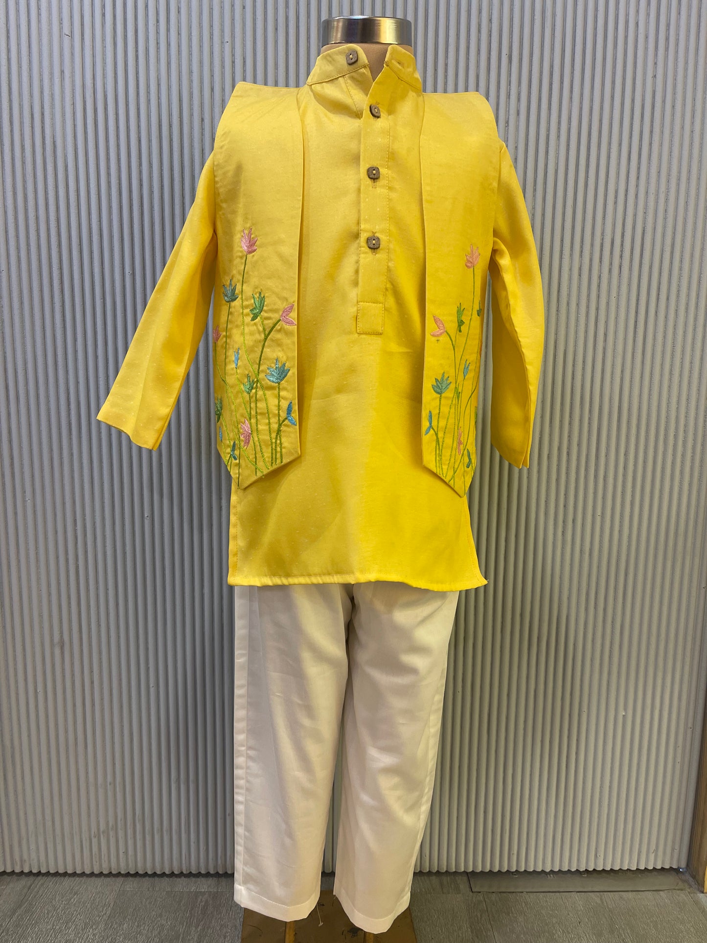 YELLOW HAND EMBROIDERED JACKET KURTA SET