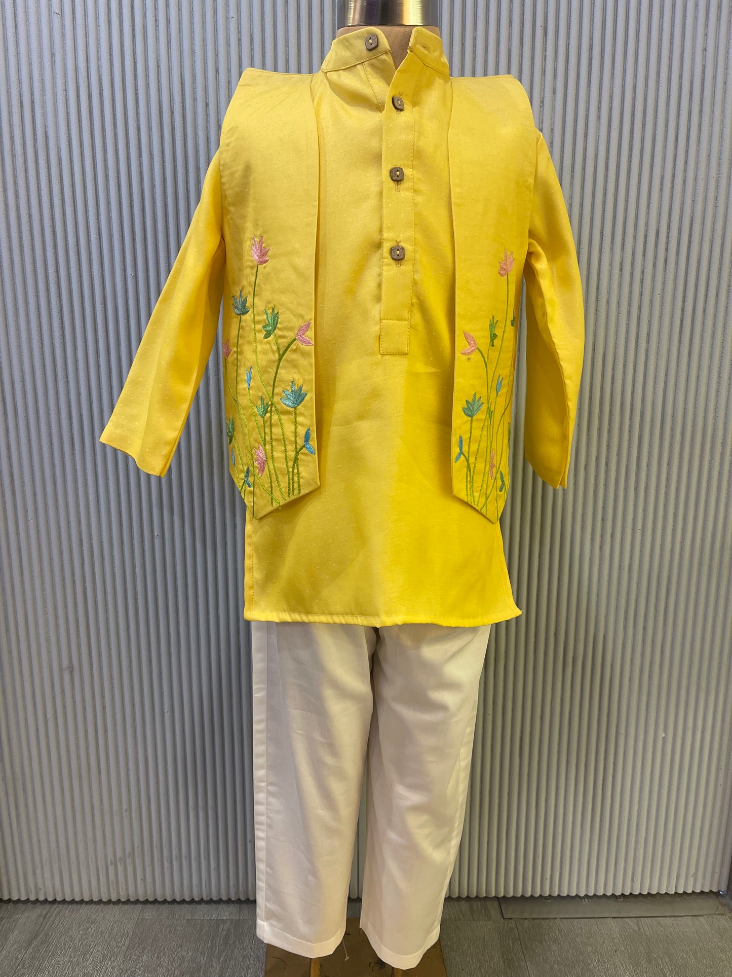 YELLOW HAND EMBROIDERED JACKET KURTA SET