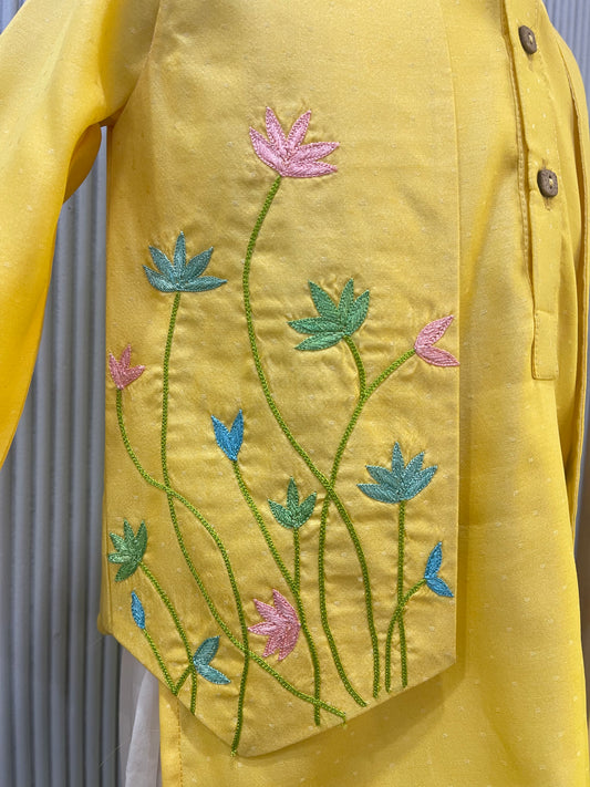 YELLOW HAND EMBROIDERED JACKET KURTA SET