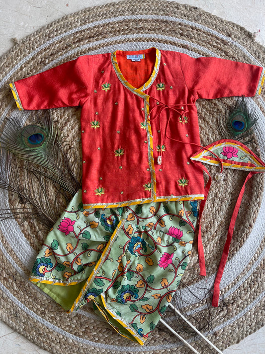 GREEN KALAMKARI DHOTI WITH ORANGE KURTA