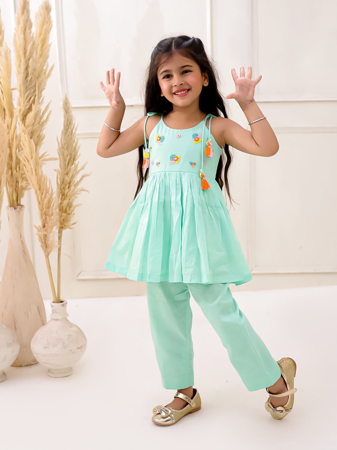 PASTEL SEA GREEN ORGANIC MUL COTTON EMBROIDERED KURTI SET