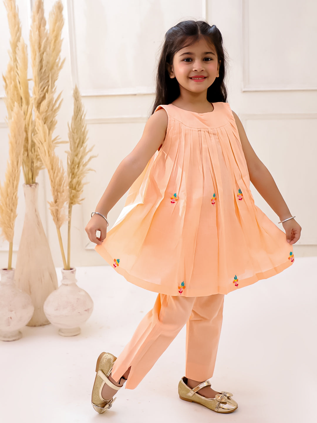 PEACH ORGANIC MUL COTTON EMBROIDERED KURTI SET