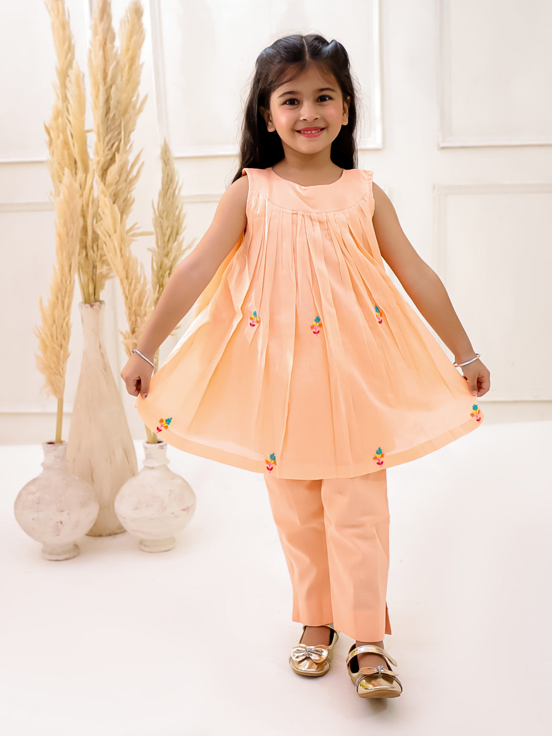 PEACH ORGANIC MUL COTTON EMBROIDERED KURTI SET