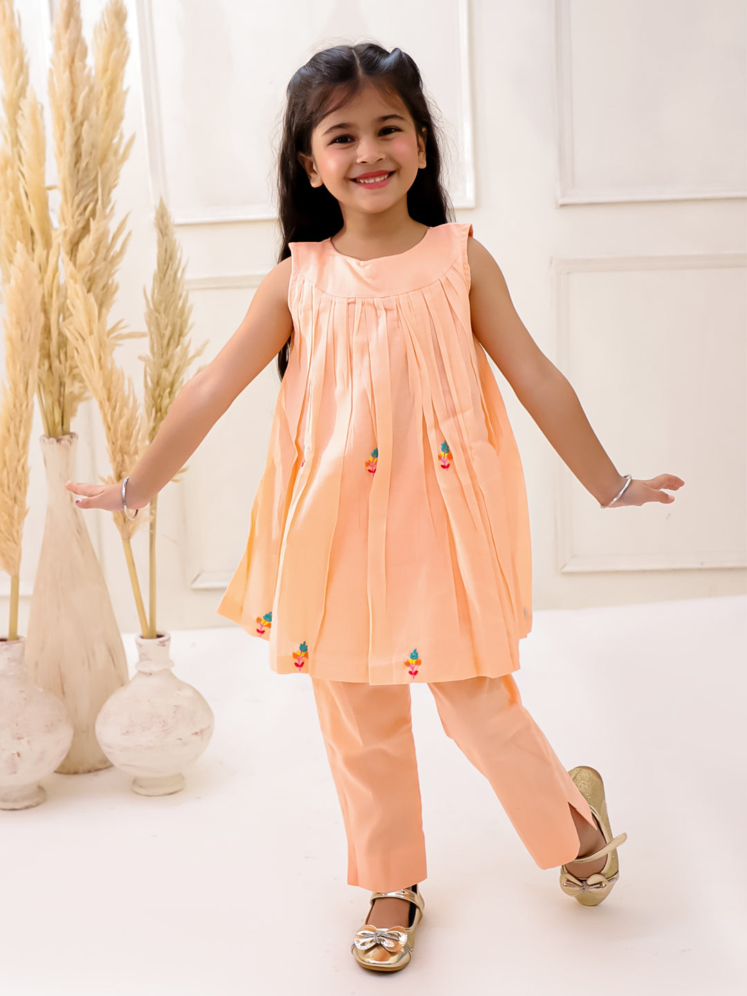 PEACH ORGANIC MUL COTTON EMBROIDERED KURTI SET