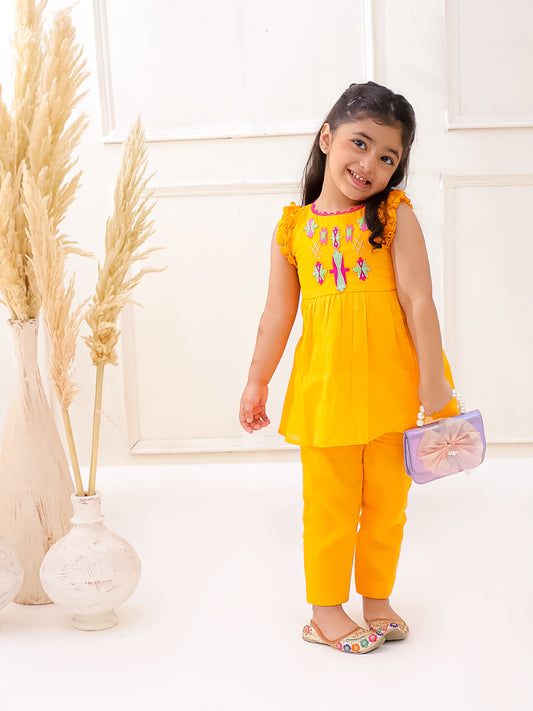 ORANGE ORGANIC MUL COTTON FRILL KURTI SET