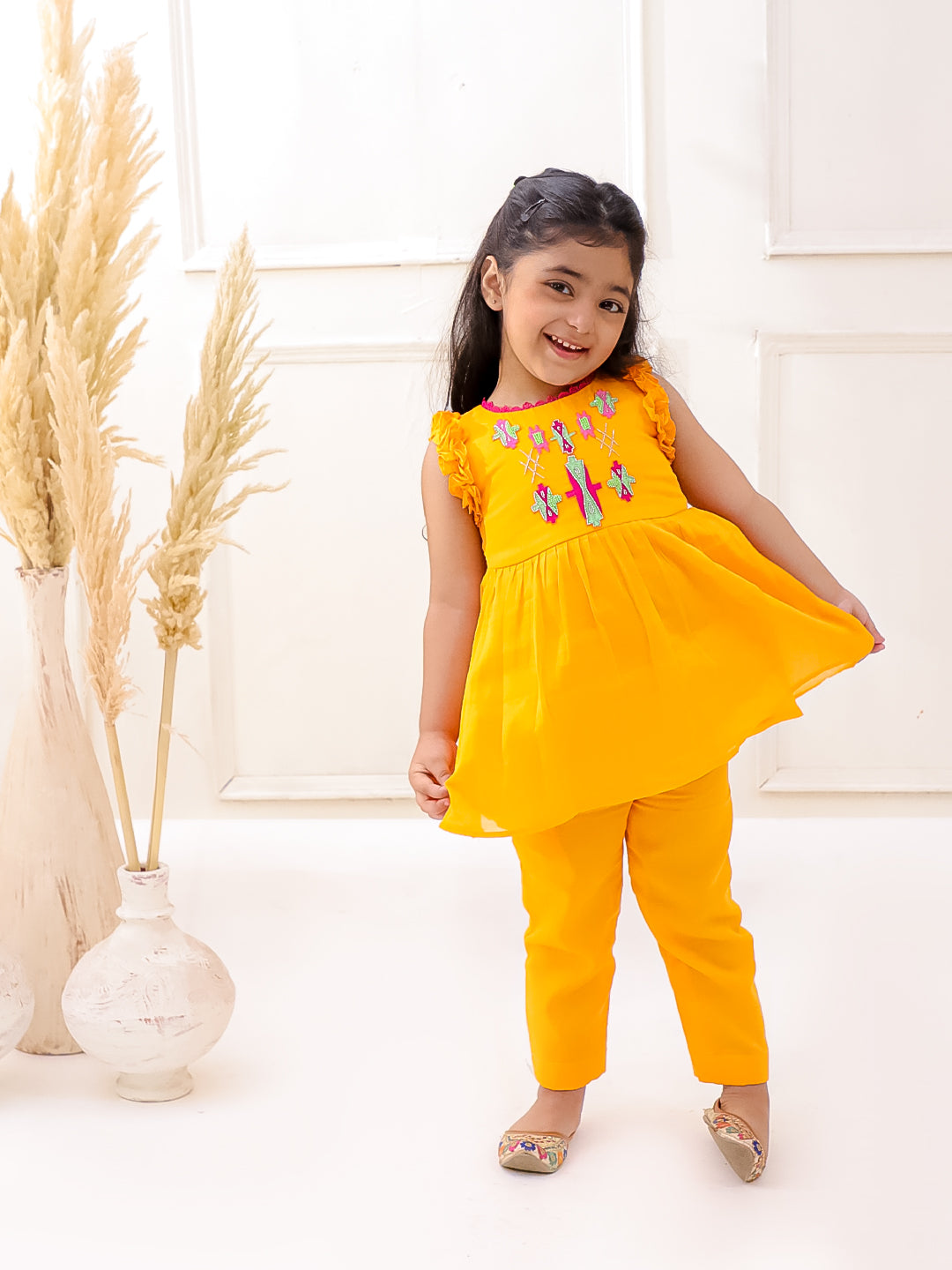 ORANGE ORGANIC MUL COTTON FRILL KURTI SET