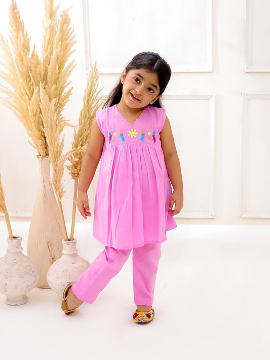 PASTEL PINK EMBROIDERED KURTI SET