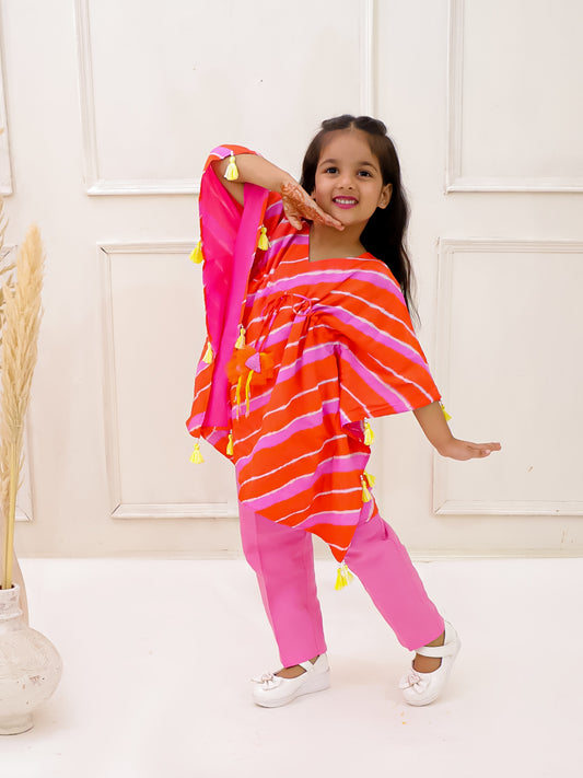 ORANGE AND PINK LEHERIYA KAFTAN SET