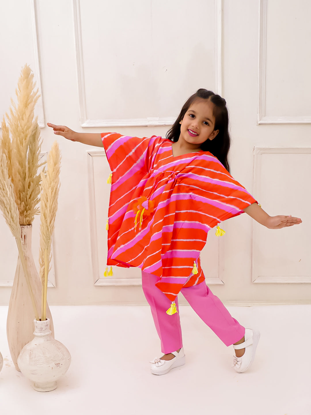 ORANGE AND PINK LEHERIYA KAFTAN SET
