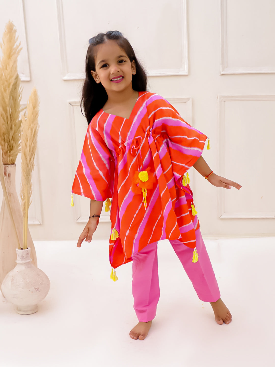ORANGE AND PINK LEHERIYA KAFTAN SET