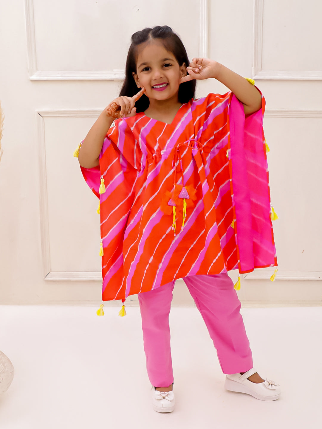 ORANGE AND PINK LEHERIYA KAFTAN SET