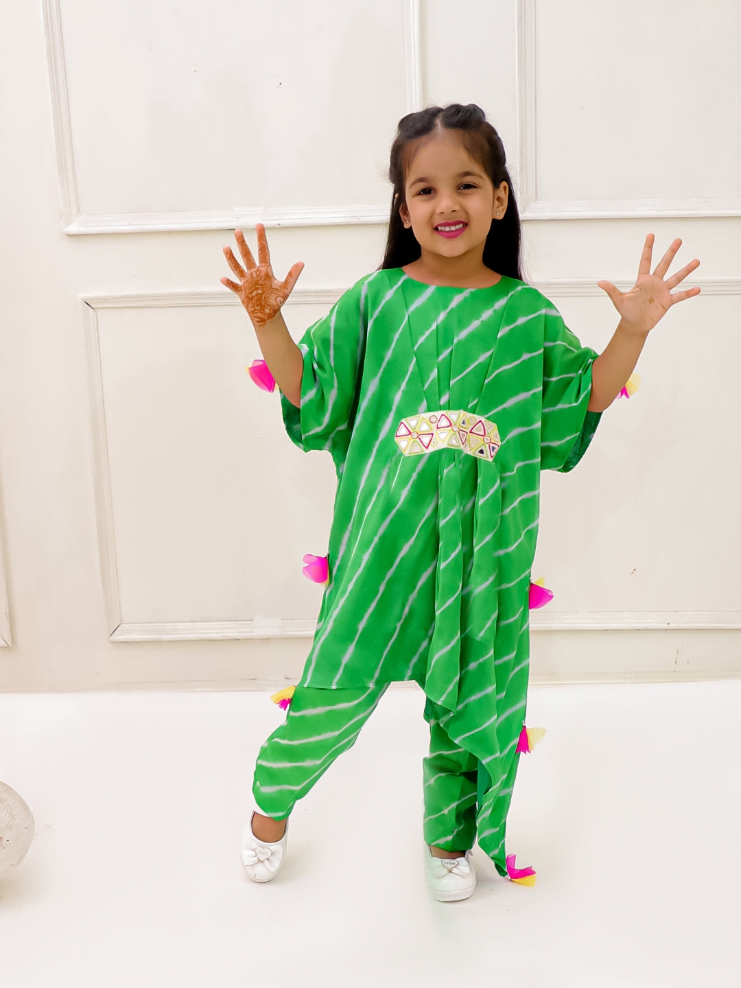 GREEN ASYMMETRIC LEHERIYA KAFTAN SET