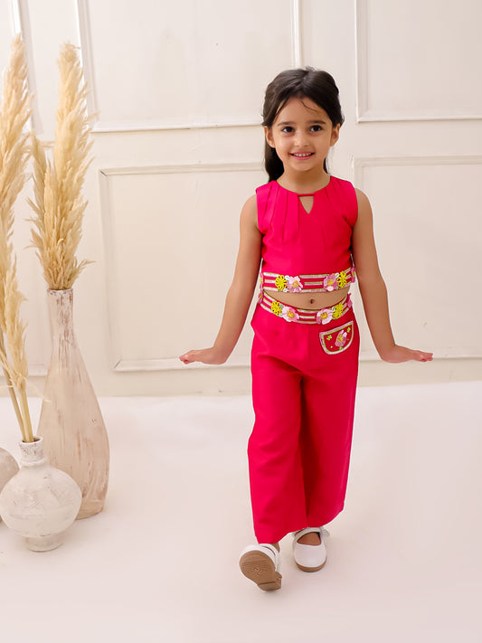 PINK PETAL EMBROIDERED CROP TOP PANTS