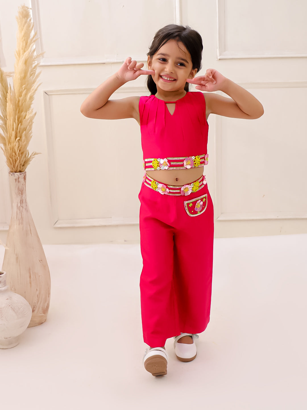 PINK PETAL EMBROIDERED CROP TOP PANTS